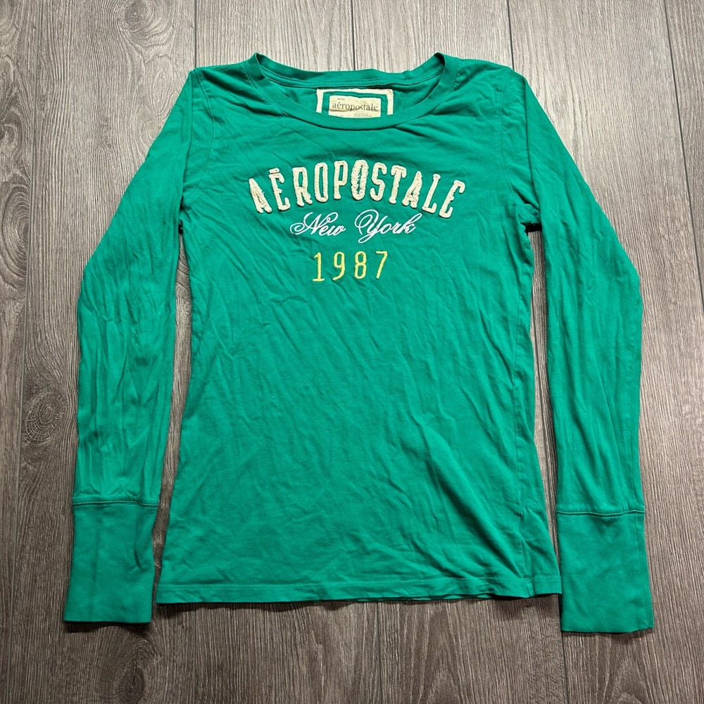 Aeropostale Womens Large Y2k Green Long Sleeve Graphic Tee New York 1987